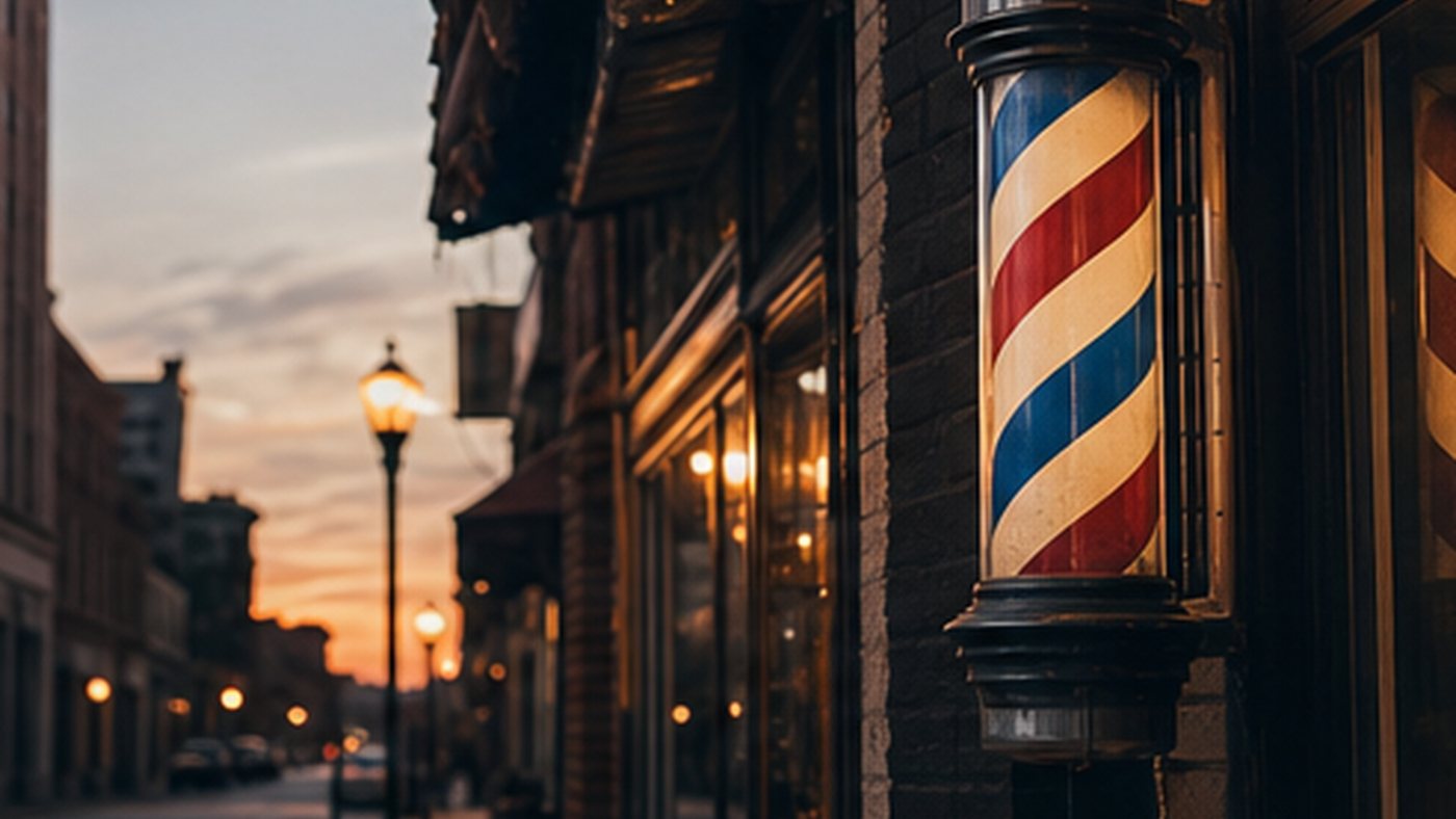The barber pole on the storefront