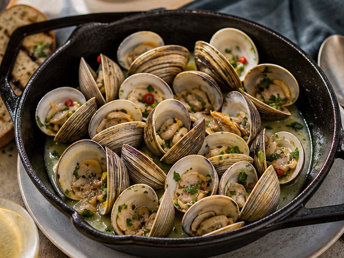 Coquina littleneck clams in white wine broth